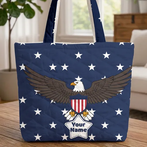 Bald Eagle American Flag Stars - Independence Day Patriotic Gift Quilted Tote Bag