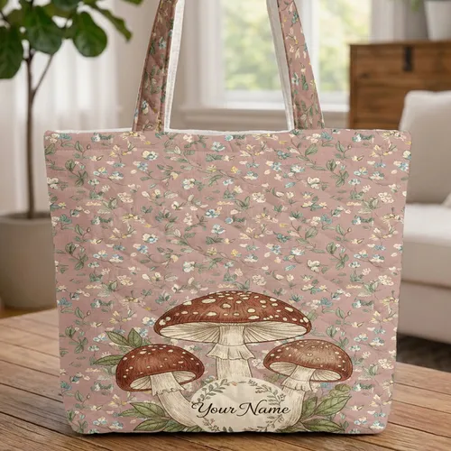 Botanical Mushrooms Blue Yellow Flowers Leaf Garland - Nature Lover Everyday Tote Quilted Tote Bag