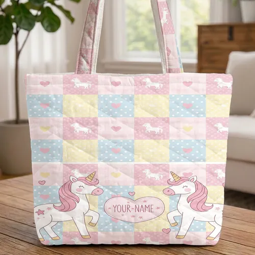 Pastel Unicorn Heart Gingham Polka Dot Personalized Name - Kids Room Decor Gift Quilted Tote Bag