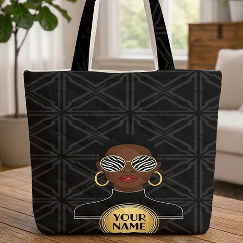 Zebra Sunglasses Female Bust Gold Hoops - Fashion Statement Gift for Her Quilted Tote Bag