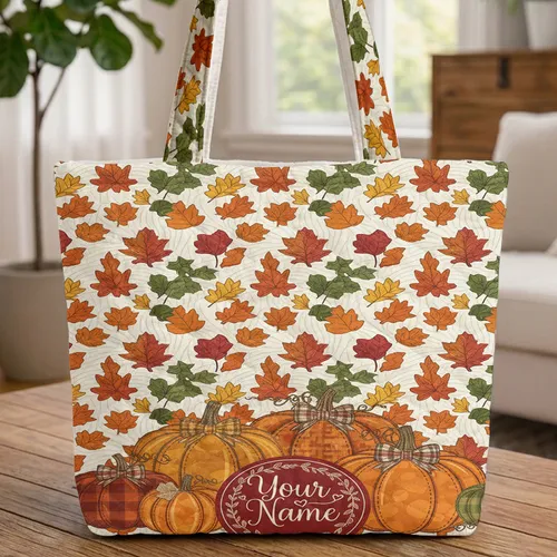 Autumn Leaves Heirloom Pumpkins Personalized Name Floral Garland - Fall Harvest Hostess Gift Quilted Tote Bag
