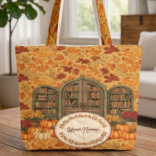 Autumn Library Exterior Pumpkins Mums Autumn Leaf Wreath - Book Lover Fall Decor Gift Quilted Tote Bag