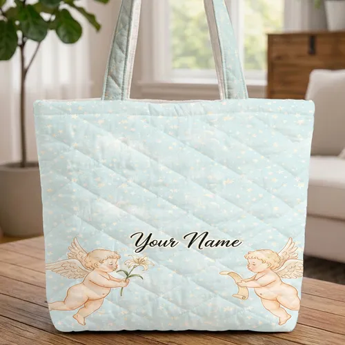 Cherubic Angels Lily Scroll Celestial Stars Wisps Clouds Quilted Tote Bag