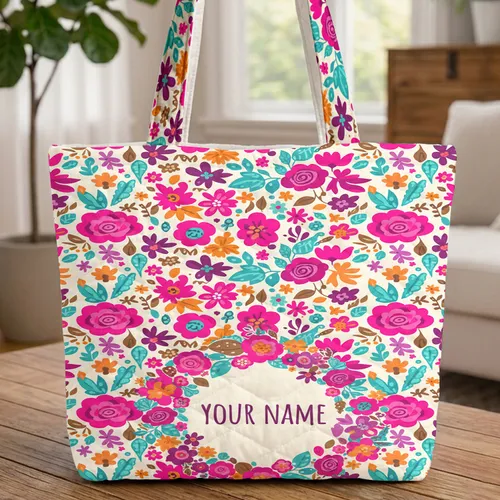 Floral Garden Blossom Rose Daisy Wreath - Everyday Carry Garden Lover Gift Quilted Tote Bag