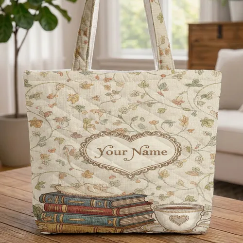 Vintage Books Coffee Cup Heart Delicate Vines Leaves - Book Lover Coffee Lover Gift Quilted Tote Bag