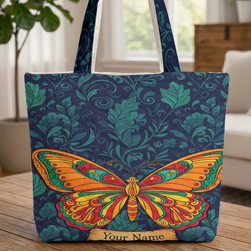 Large Butterfly Flowing Leaves Botanical - Everyday Nature Lover Gift Quilted Tote Bag