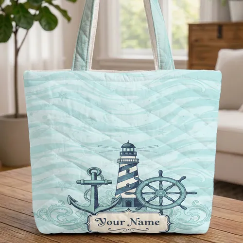 Vintage Anchor Lighthouse Ship Wheel Sea Stars - Personalized Nautical Lover Gift Quilted Tote Bag