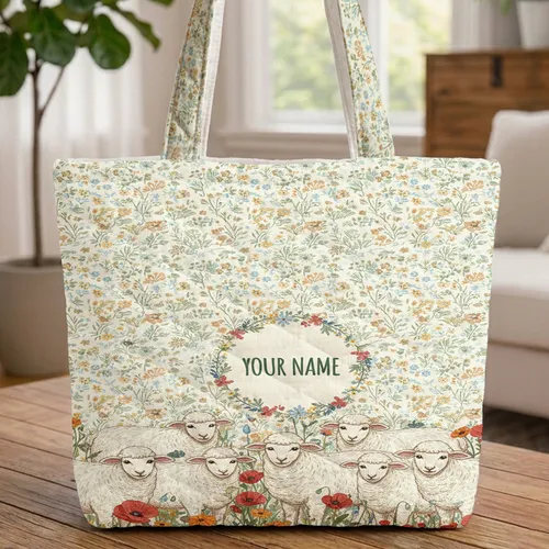 Fluffy Sheep Wildflower Meadow - Farmhouse Country Living Gift for All Animal Lovers Quilted Tote Bag