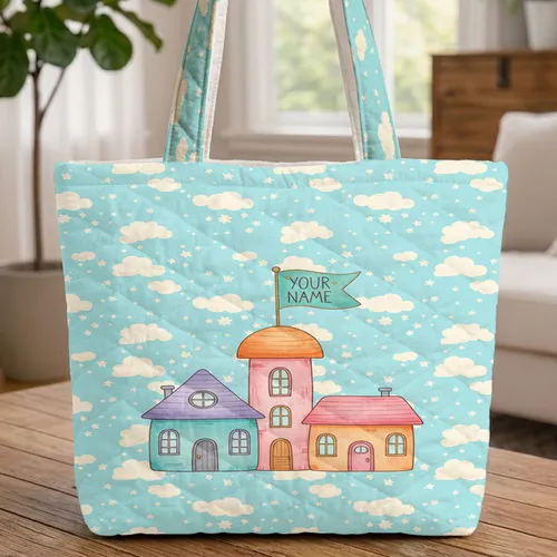 Fairytale Town Houses Name Flag Clouds Stars - Children's Book Nursery Decor Gift Quilted Tote Bag
