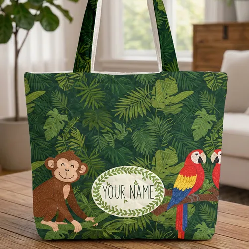 Tropical Monkey Macaw Palm Fronds Leaf Garland - Wildlife Lover Gift Quilted Tote Bag