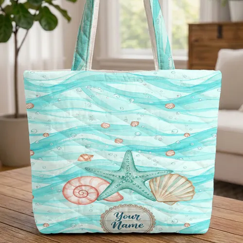 Personalized Name Teal Starfish Seashells Water Ripples Sand - Everyday Coastal Living Gift Idea Quilted Tote Bag