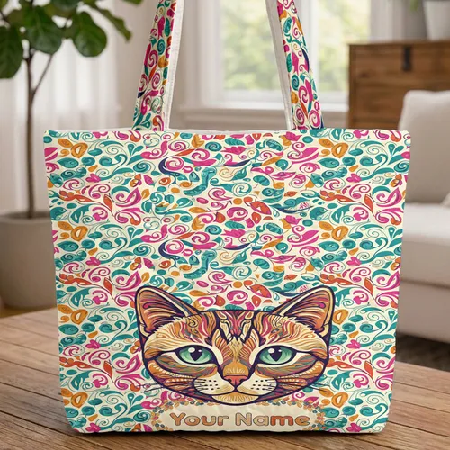 Textured Line Cat Face Teal Green Eyes Floral Wreath Name Organic Leaf - Cat Lover Everyday Gift Quilted Tote Bag