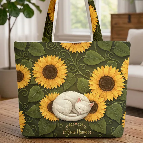 Sleeping White Cat Sunflowers Floral Wreath - Cat Lover Gift Quilted Tote Bag