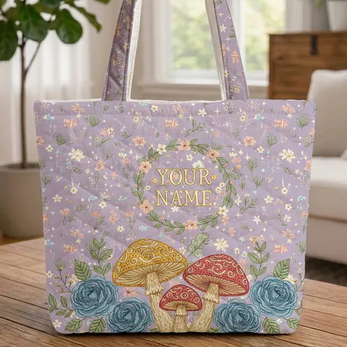 Mushroom Rose Wildflower Wreath Your Name Everyday Carry Quilted Tote Bag