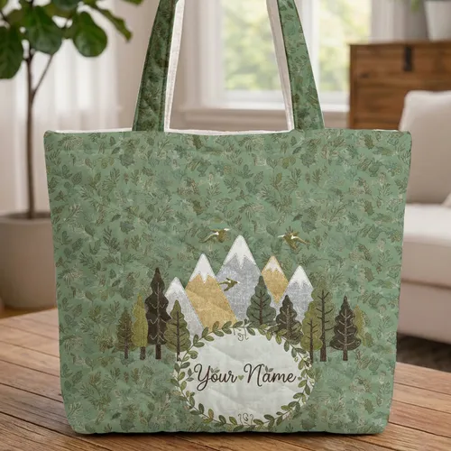 Pine Needle Deciduous Leaf Forest Mountain Birds Floral Wreath - Outdoors Explorer Gift Quilted Tote Bag
