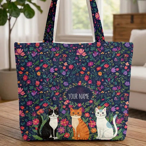 Folk Art Cats Floral Wreath Name - Everyday Carryall Gift Quilted Tote Bag