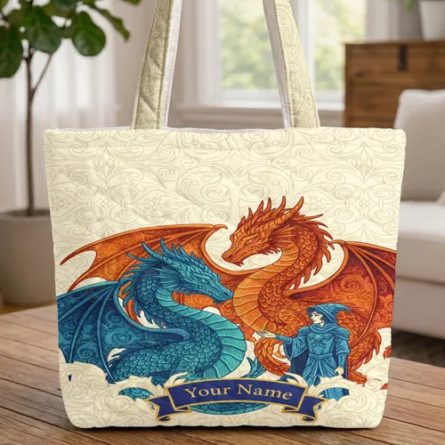 Rococo Scroll Dragons Blue Teal Red Orange - Mythical Creature Gift for Fantasy Fans Quilted Tote Bag