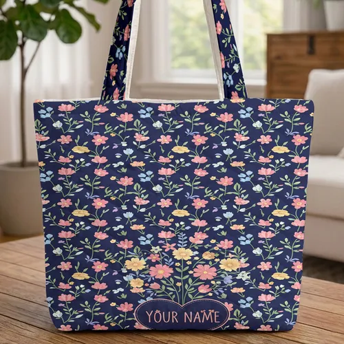 Wildflower Bouquet Heart Name - Everyday Tote Gift for Her Quilted Tote Bag