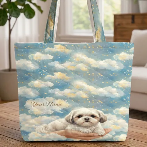 Shih Tzu Dog in Hand Cloud Name - Dog Lover Gift Everyday Tote for Pet Parents Quilted Tote Bag