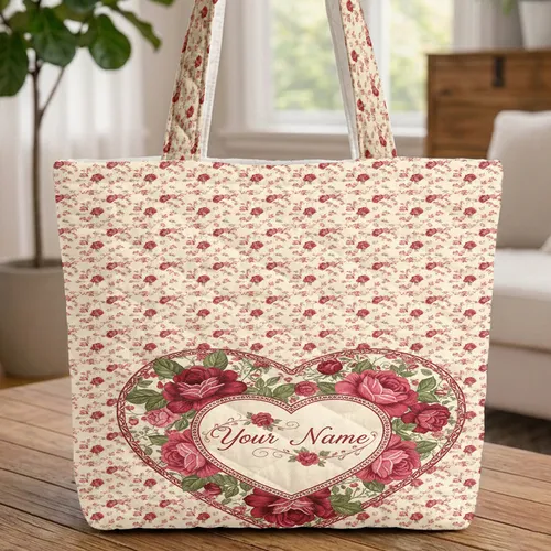 Rose Heart Medallion Personalized Name - Romantic Keepsake Gift for Her Quilted Tote Bag