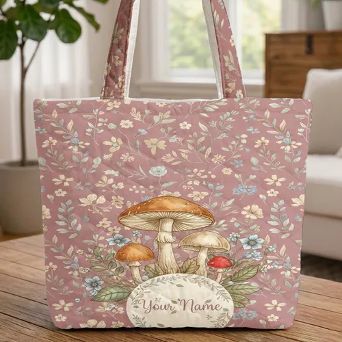 Botanical Mushrooms Wildflowers Floral Wreath - Everyday Lifestyle Accessory Quilted Tote Bag