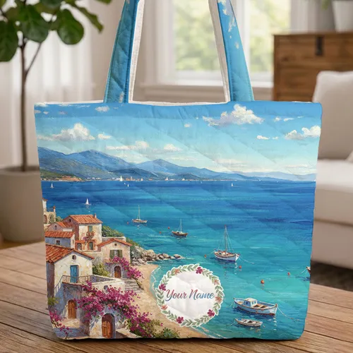 Personalized Mediterranean Coastal Village Seascape Bougainvillea Wreath - Travel Essentials Gift Quilted Tote Bag