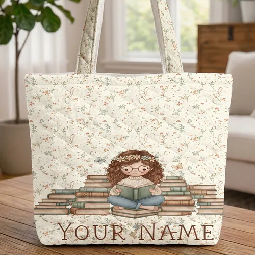 Girl Reading Vintage Books Flower Crown Butterflies with Round Glasses - Book Lover Gift Quilted Tote Bag