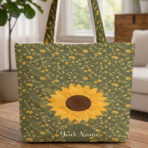 Sunflower Name Floral Wreath - Everyday Nature Lover Gift Quilted Tote Bag