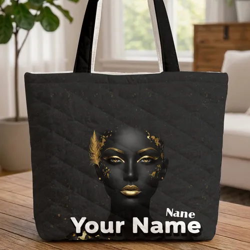 Matte Black Gold Woman Portrait Swirling Flecks Feather - Artistic Bag Gift Quilted Tote Bag