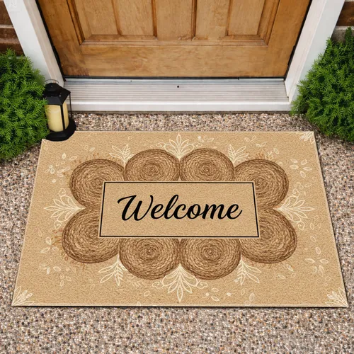 Welcome Script Lettering Black Border Natural Fiber Textures Leaf Motifs Home Decor Doormat