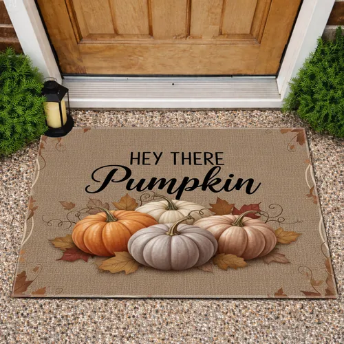 Hey There Pumpkin Script Heirloom Pumpkins Autumn Leaves - Fall Seasonal Home Decor Doormat