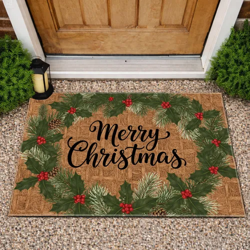 Merry Christmas Script Holly Berries Pinecones - Festive Home Decor Doormat