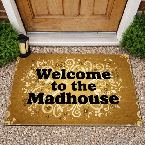 Welcome to the Madhouse Text Chunky Golden Brown Swirls - Everyday Outdoor Decor Doormat
