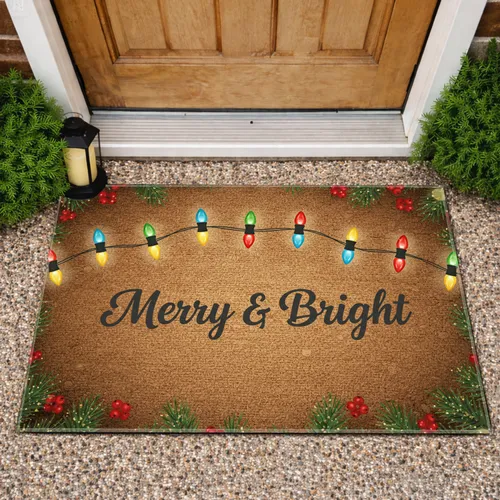 Classic Christmas Lights Evergreen Berries Merry & Bright Script - Holiday Rustic Decor Doormat