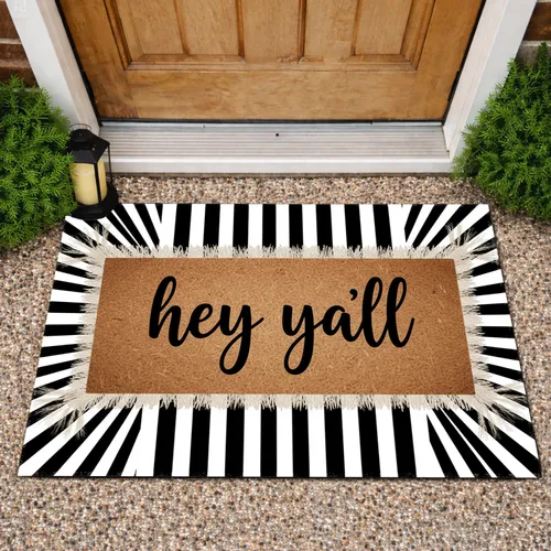 Hey Y'all Rustic Panel Black White Stripe - Farmhouse Home Decor Gift Doormat