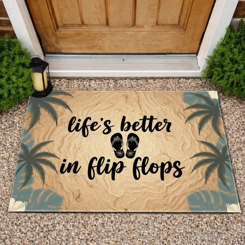 Life's Better In Flip Flops Palm Trees - Tropical Beach Home Decor Gift for Beach Lover Doormat