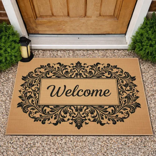 Welcome Script Ornate Floral Scrollwork - Sophisticated Entryway Home Decor Gift Doormat