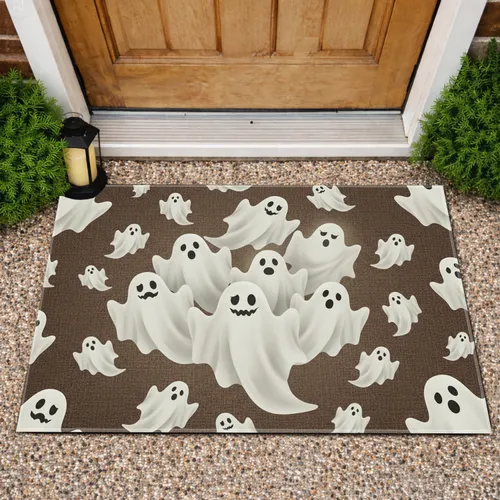 Classic White Sheet Ghost Cluster Earthy Brown Textured Surface Halloween Home Decor Gift Doormat