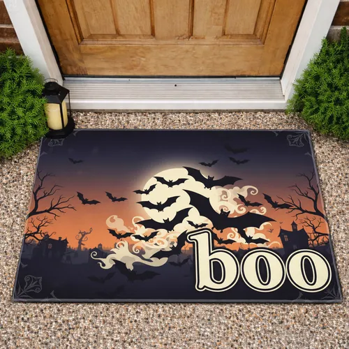 Flying Bat Swarm Boo Text - Spooky Twilight Halloween Decoration Doormat