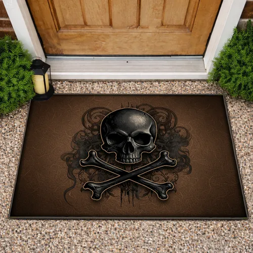 Dark Skull Crossbones Rusted Metal Aged Leather Accent - Edgy Home Decor Gift Doormat
