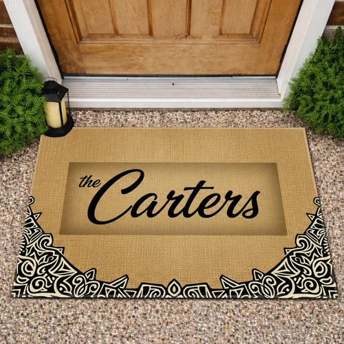The Custom Script Name Subtle Frame Jute Background Leaf Scrolls - Home Decor Gift Doormat