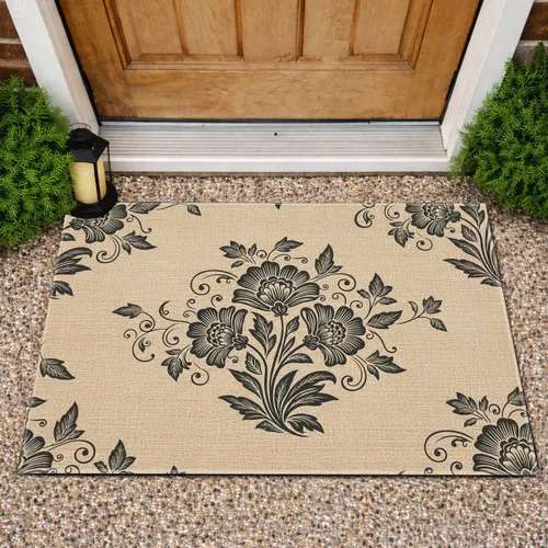 Charcoal Flowers Elegant Stems Varied Leaves Swirling Vines - Home Decor Gift Doormat