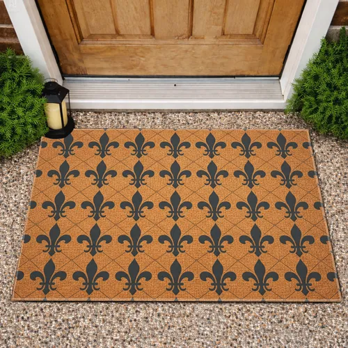 Charcoal Fleur-de-lis Lattice Woven Fiber Background - Outdoor Home Decorating Gift Doormat