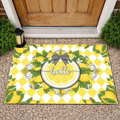 Hello Lemon Slice Black Bow Lemon Branches Greenery Welcoming Decor Doormat