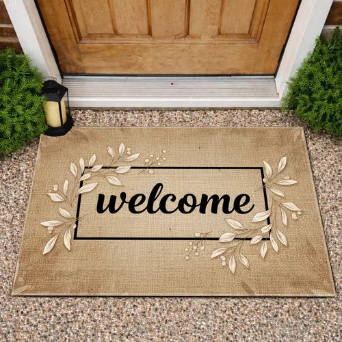 Black Welcome Script Rectangle Border Leafy Berries Earthy Woven Texture - Home Entrance Decor Doormat