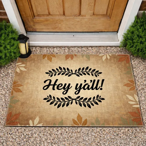 Hey Y'all Script Organic Leaf Branches - Rustic Farmhouse Welcome Decor Doormat