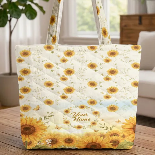 Sunrise Sunflower Field Personalized Name - Nature Lover Everyday Carry Quilted Tote Bag