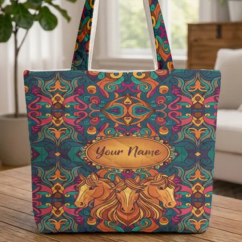 Horse Heads Southwestern Textile Folk Art - Horse Lover Gift Quilted Tote Bag