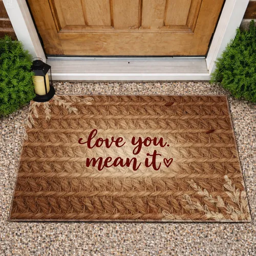 Deep Red Love You Mean It Heart Hand Lettered Script - Natural Rustic Home Decor Gift Doormat