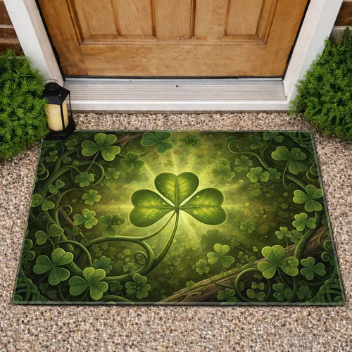 Glowing Four Leaf Clover Emerald Green Vines Mossy Forest Ground - Good Luck Home Decor Gift Doormat